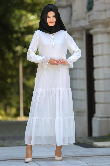 Neva Style - Büzgülü Beyaz Tesettür Elbise 41460B