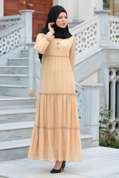 Neva Style - Büzgülü Bisküvi Rengi Tesettür Elbise 41460BS