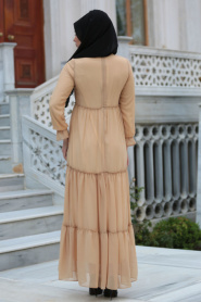 Neva Style - Büzgülü Bisküvi Rengi Tesettür Elbise 41460BS - Thumbnail