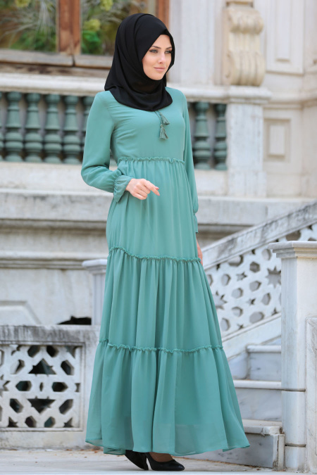 Neva Style - Büzgülü Çağla Yeşili Tesettür Elbise 41460CY
