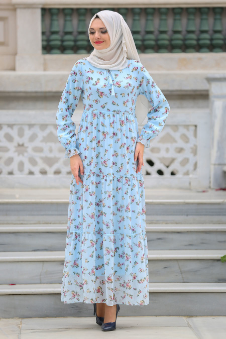 Neva Style - Büzgülü Çiçek Desenli Bebek Mavisi Tesettür Elbise 2539BM
