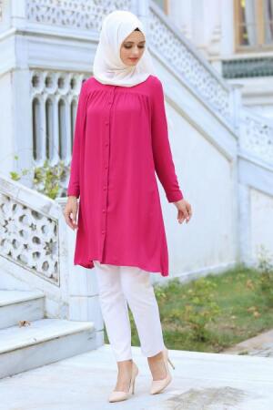 Neva Style - Büzgülü Fuşya Tesettür Tunik 1001F - 1