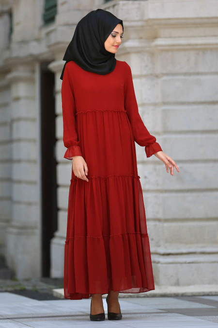 Neva Style - Büzgülü Kiremit Tesettür Elbise 41460KRMT