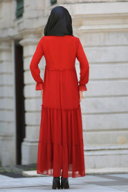 Neva Style - Büzgülü Kiremit Tesettür Elbise 41460KRMT - Thumbnail