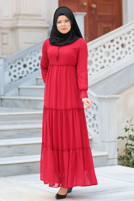 Neva Style - Büzgülü Kırmızı Tesettür Elbise 41460K