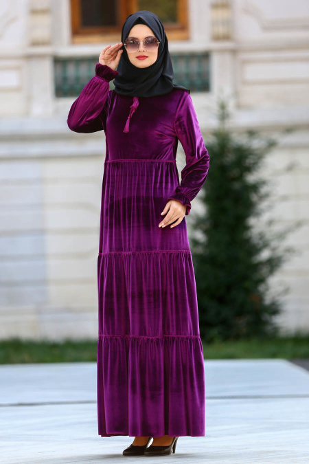 Neva Style - Büzgülü Mor Kadife Tesettür Elbise 25390MOR