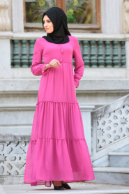 Neva Style - Büzgülü Pembe Tesettür Elbise 41460P - Thumbnail