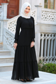 Neva Style - Büzgülü Siyah Tesettür Elbise 41460S - Thumbnail