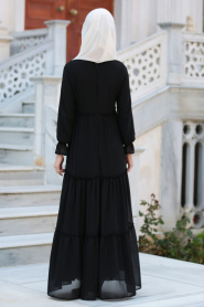 Neva Style - Büzgülü Siyah Tesettür Elbise 41460S - Thumbnail