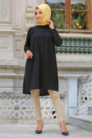 Neva Style - Büzgülü Siyah Tesettür Tunik 1001S - 1