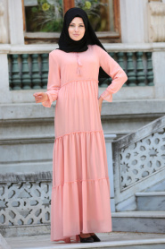 Neva Style - Büzgülü Somon Tesettür Elbise 41460SMN - Thumbnail