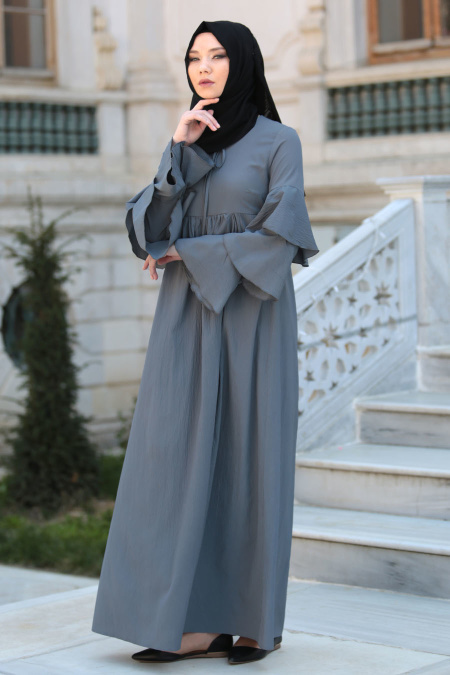 Neva Style - Büzgülü Volan Kol Gri Tesettür Elbise 41420GR