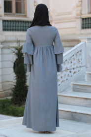 Neva Style - Büzgülü Volan Kol Gri Tesettür Elbise 41420GR - Thumbnail