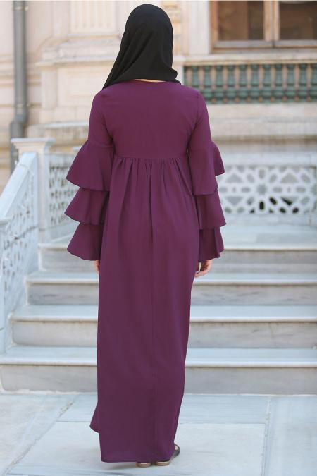 Neva Style - Büzgülü Volan Kol Mürdüm Tesettür Elbise 41420MU - 2