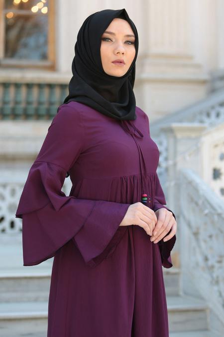 Neva Style - Büzgülü Volan Kol Mürdüm Tesettür Elbise 41420MU - 3
