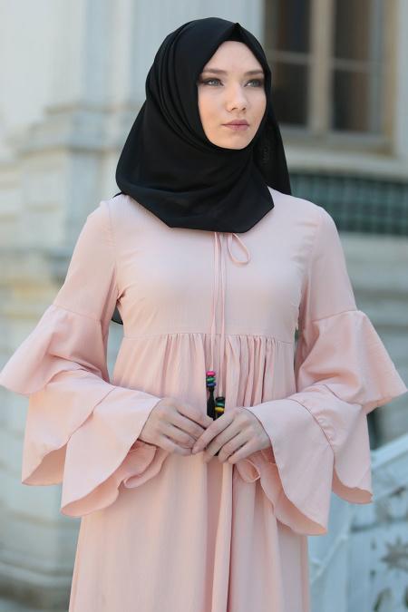 Neva Style - Büzgülü Volan Kol Pudra Tesettür Elbise 41420PD - 3
