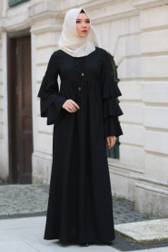 Neva Style - Büzgülü Volan Kol Siyah Tesettür Elbise 41420S - Thumbnail