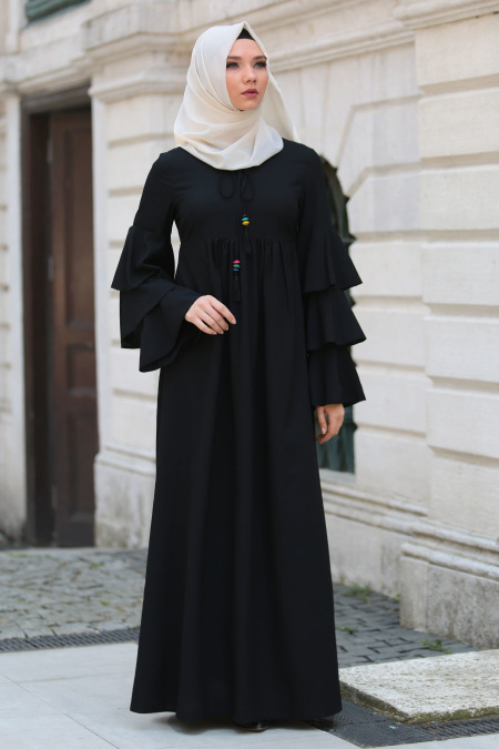 Neva Style - Büzgülü Volan Kol Siyah Tesettür Elbise 41420S