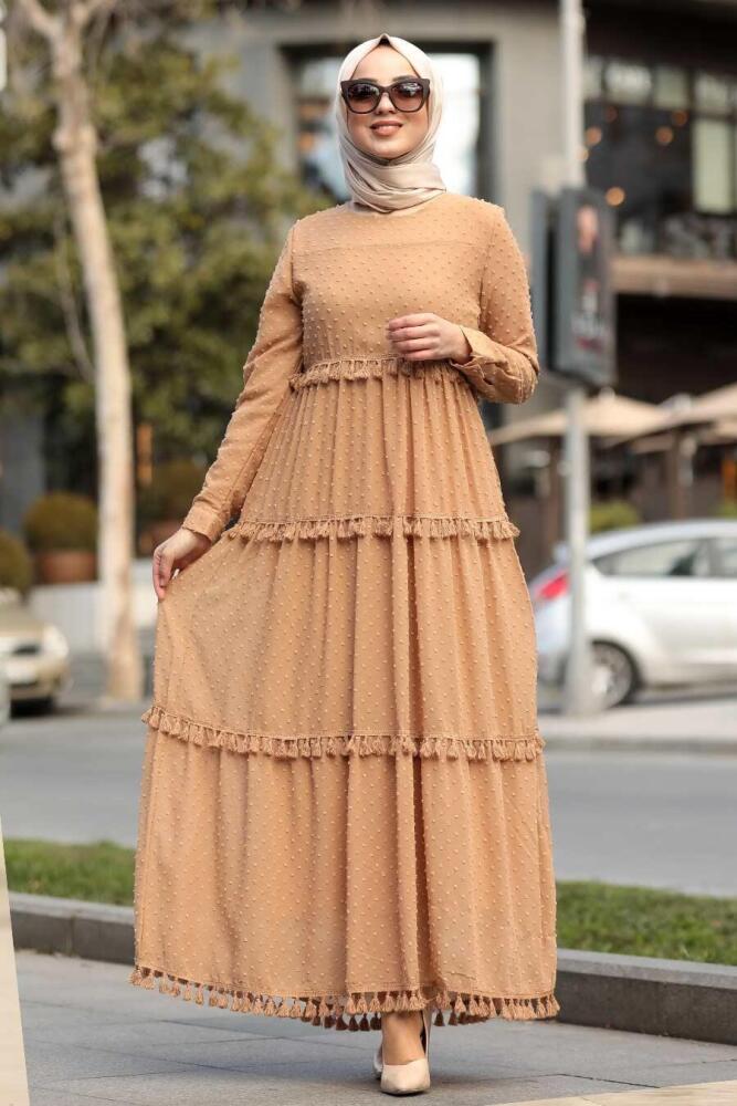 Neva Style - Camel Color Hijab Dress 4414C - 2
