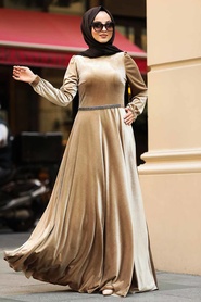 Neva Style - Camel Color Hijab Velvet Dress 32790C - Thumbnail