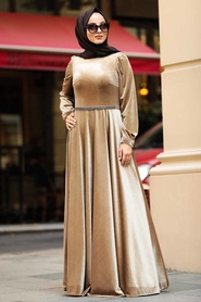 Neva Style - Camel Color Hijab Velvet Dress 32790C - Thumbnail