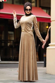 Neva Style - Camel Color Hijab Velvet Dress 32940C - Thumbnail