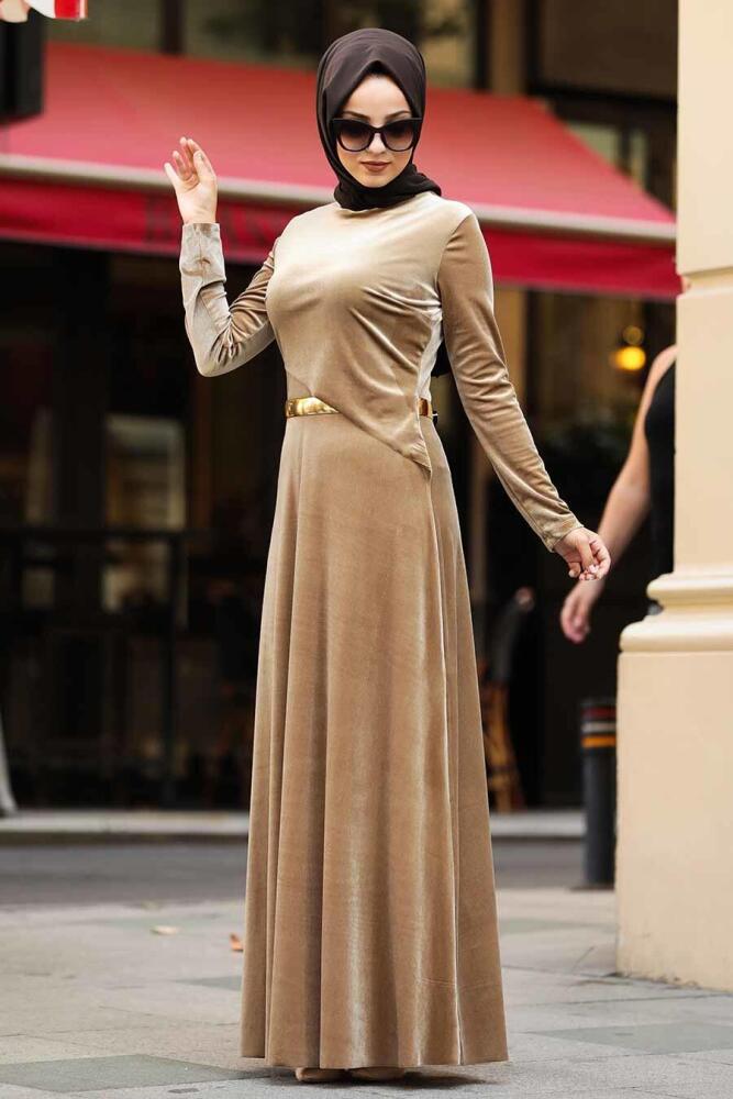Neva Style - Camel Color Hijab Velvet Dress 32940C - 1