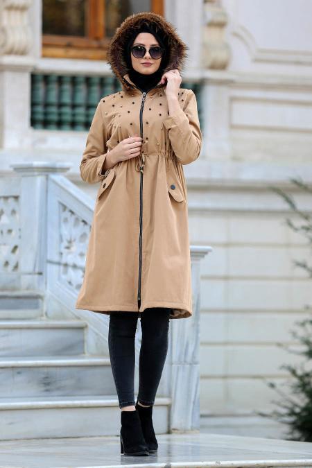Neva Style - Camel Hijab Coat 21300C - 2