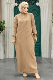 Neva Style - Camel Hijab Maxi Knitwear Dress 4852C - Thumbnail