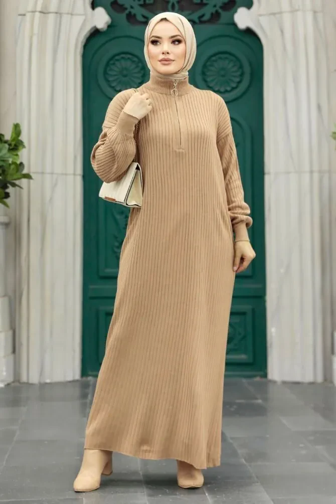 Neva Style - Camel Hijab Maxi Knitwear Dress 4852C - 1