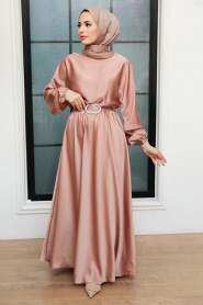 Neva Style - Camel Saten Tesettür Elbise 5727C - Thumbnail