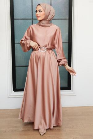 Neva Style - Camel Saten Tesettür Elbise 5727C - 1