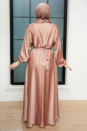 Neva Style - Camel Saten Tesettür Elbise 5727C - 2