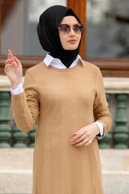 Neva Style - Camel Tesettür Triko Elbise 2561C - 2