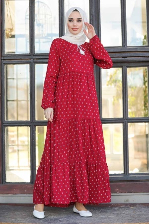 Neva Style - Çapa Desenli Bordo Tesettür Elbise 1627BR - 1