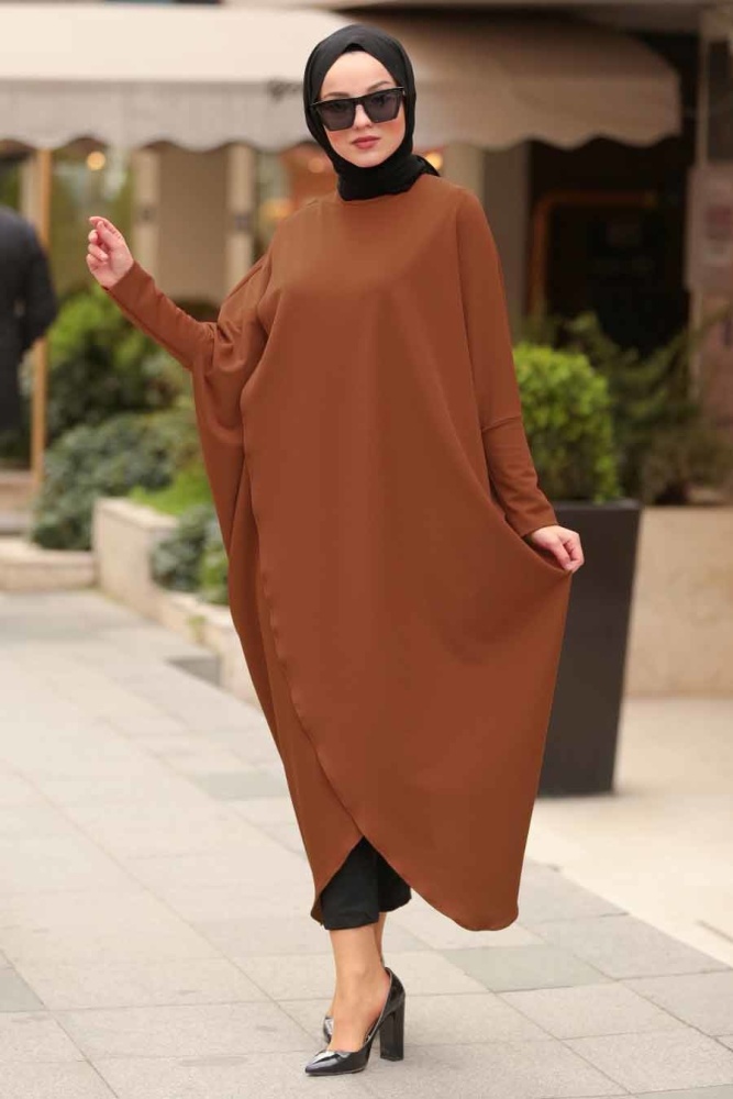 Neva Style - Çapraz Kesim Taba Tesettür Panço Tunik 5134TB - 1