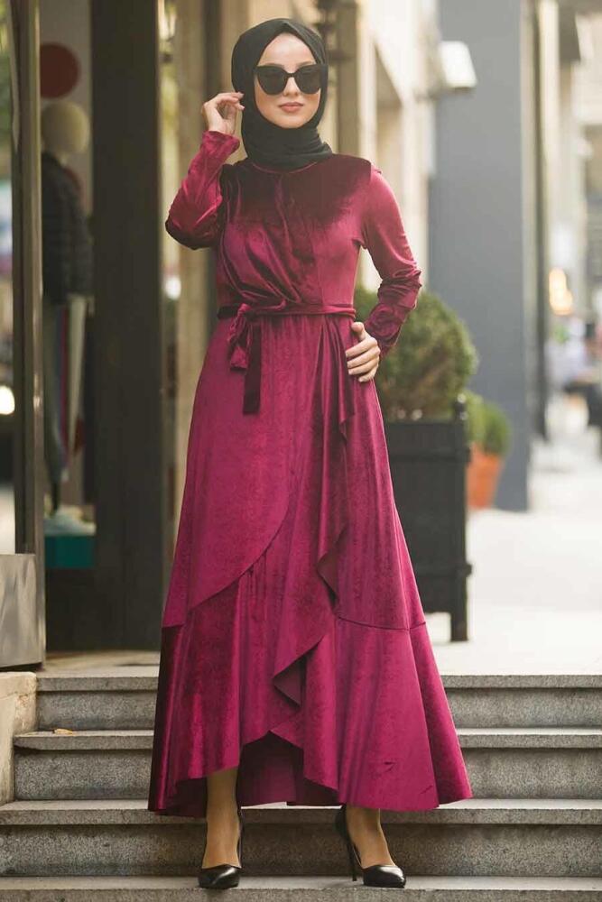 Neva Style - Çapraz Model Bordo Tesettür Kadife Elbise 50521BR - 1