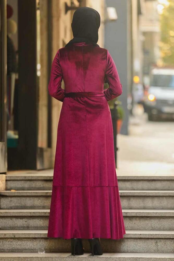 Neva Style - Çapraz Model Bordo Tesettür Kadife Elbise 50521BR - 2