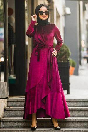 Neva Style - Çapraz Model Fuşya Tesettür Kadife Elbise 50521F - 1