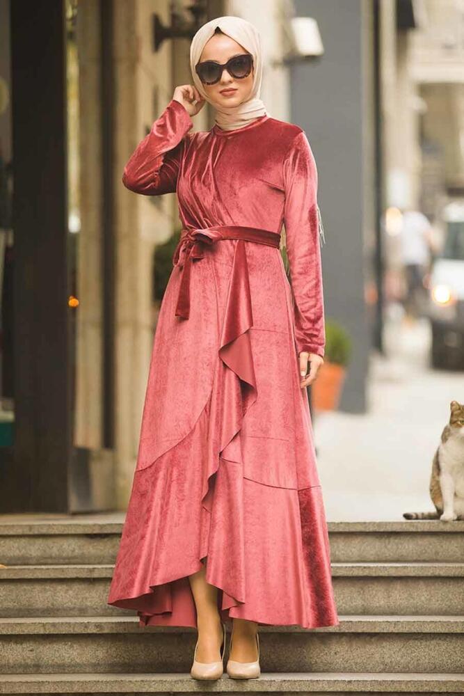 Neva Style - Çapraz Model Gül Kurusu Tesettür Kadife Elbise 50521GK - 1