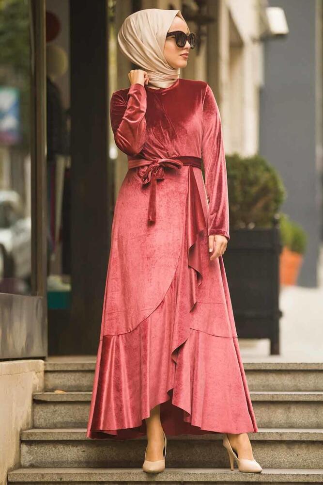 Neva Style - Çapraz Model Gül Kurusu Tesettür Kadife Elbise 50521GK - 2