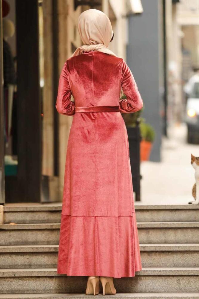 Neva Style - Çapraz Model Gül Kurusu Tesettür Kadife Elbise 50521GK - 3