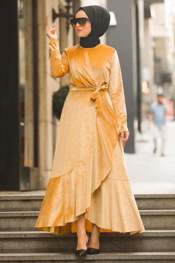 Neva Style - Çapraz Model Hardal Tesettür Kadife Elbise 50521HR - 1