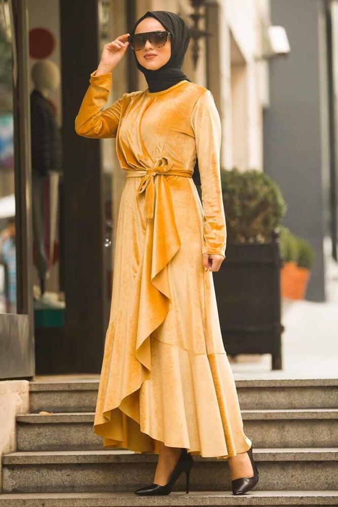 Neva Style - Çapraz Model Hardal Tesettür Kadife Elbise 50521HR - 2