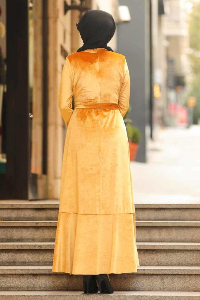 Neva Style - Çapraz Model Hardal Tesettür Kadife Elbise 50521HR - 3