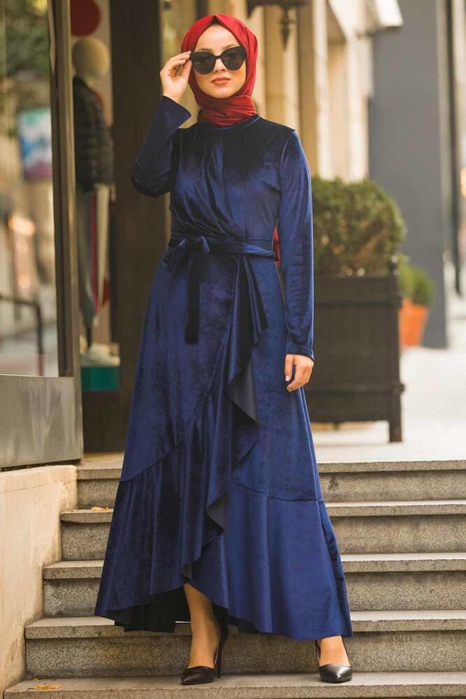 Neva Style - Çapraz Model Lacivert Tesettür Kadife Elbise 50521L - 1