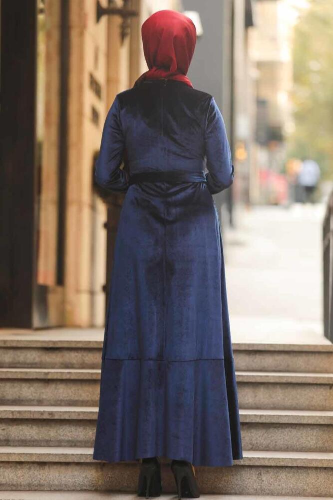 Neva Style - Çapraz Model Lacivert Tesettür Kadife Elbise 50521L - 2