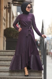 Neva Style - Çapraz Model Mor Tesettür Elbise 51110MOR - Thumbnail