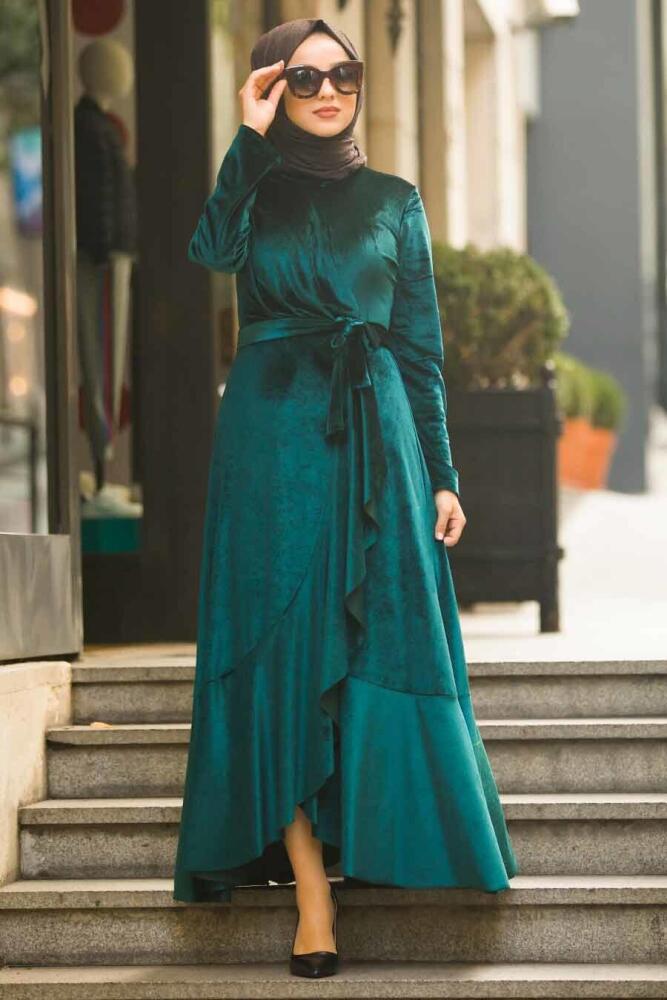 Neva Style - Çapraz Model Petrol Yeşili Tesettür Kadife Elbise 50521PY - 1