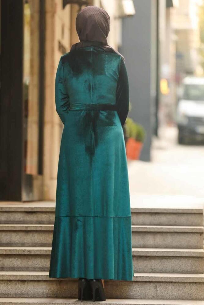 Neva Style - Çapraz Model Petrol Yeşili Tesettür Kadife Elbise 50521PY - 2
